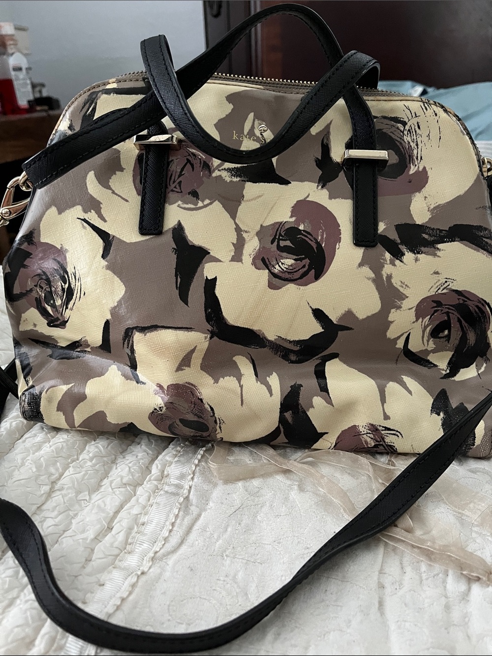 kate spade Cream Floral Satchel with Black Trim and Mauve Accents